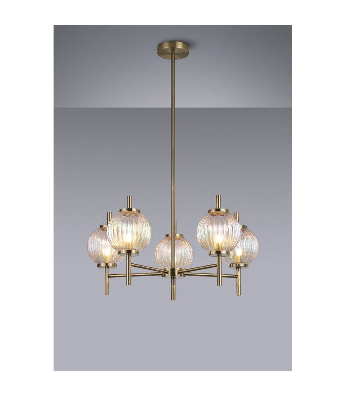 Cincinnatus 65cm Multi Height Pendant 5 x G9 Antique Brass/Light Iridescent Glass-3