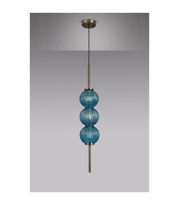 Cincinnatus 15cm Pendant 3 x G9 Antique Brass/Blue Glass-3