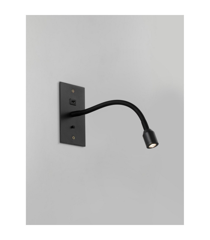 Malone USB Wall Lamp 1 Light Adjustable Switched Fits A Standard Double Socket Box 1 x 3W LED 3000K 270lm Satin Black -3