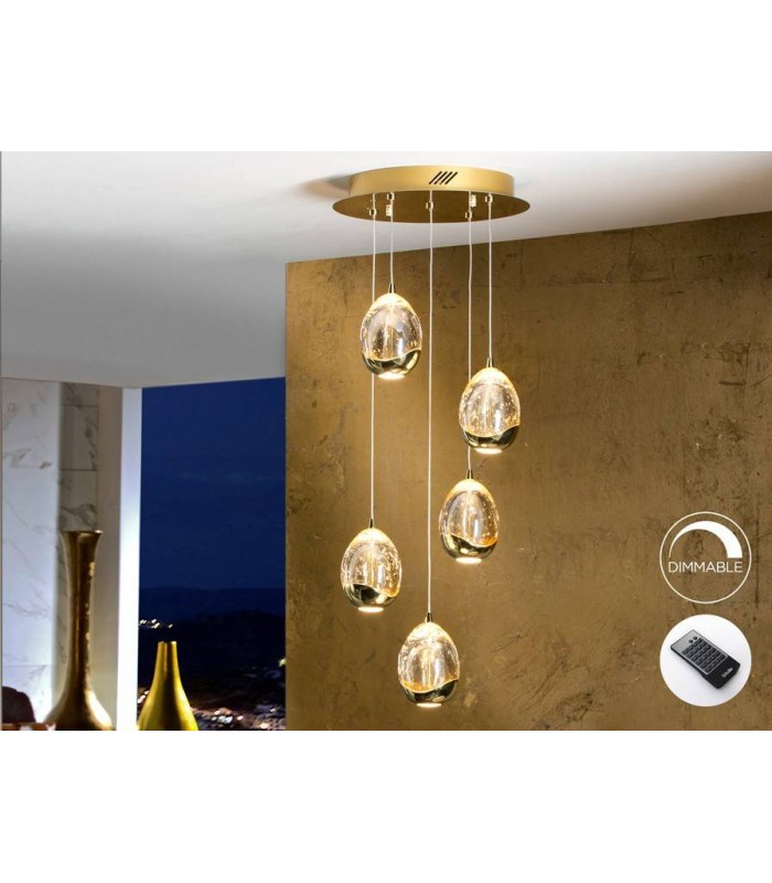 Integrated LED 5 Light Dimmable Crystal Cluster Drop Ceiling Pendant with Remote Control Gold - 1