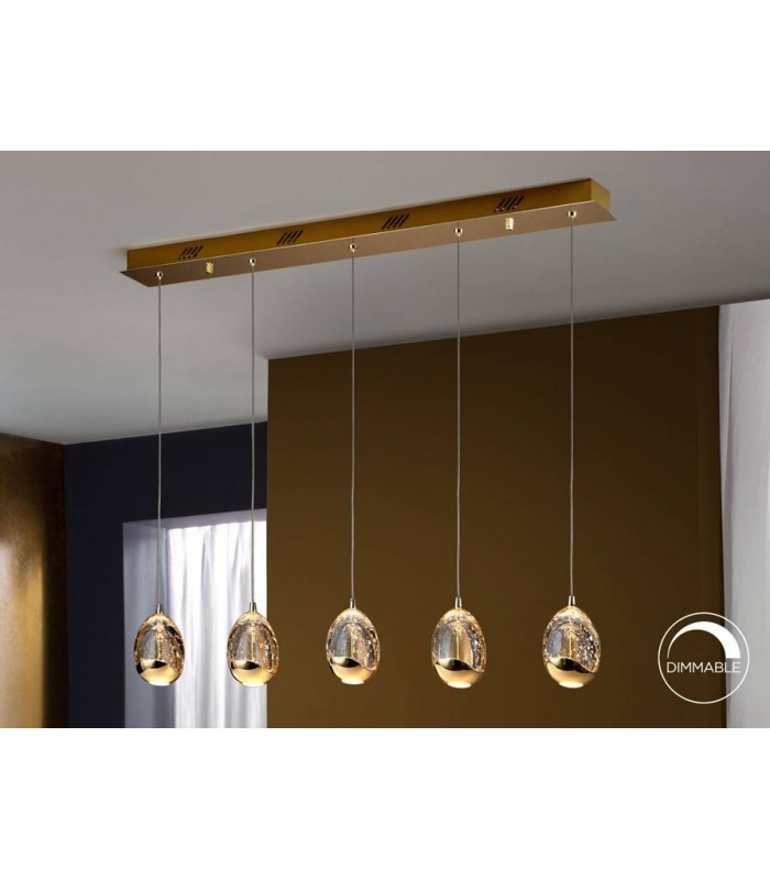 Integrated LED 5 Light Crystal Drop Bar Ceiling Pendant Gold Bubble Effect - 1