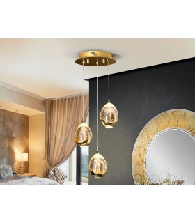 Integrated LED 3 Light Crystal Cluster Drop Ceiling Pendant Gold Bubble Effect - 1