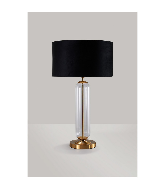 Clarkson Tubular Table Lamp 1 Light E27 Brass Gold/Clear Glass/Black/Prosecco 40cm Velvet Shade-7