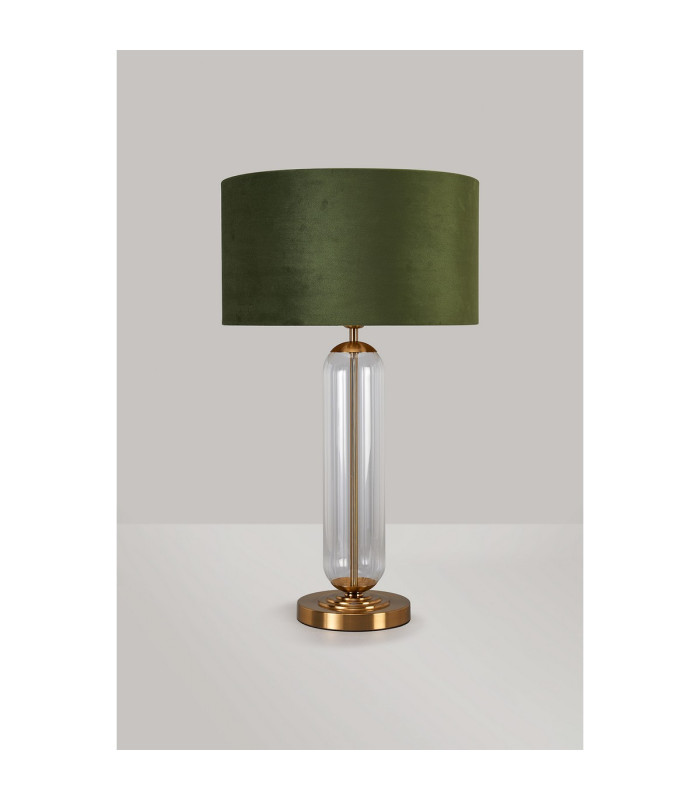 Clarkson Tubular Table Lamp 1 Light E27 Brass Gold/Clear Glass/Moss Green/Gold 40cm Velvet Shade-7