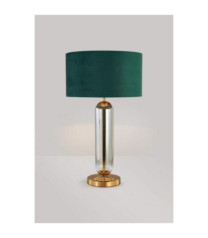 Clarkson Tubular Table Lamp 1 Light E27 Brass Gold/Smoke Fade Glass/Forest Green 40cm Velvet Shade-3