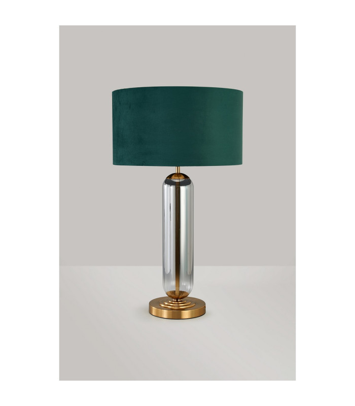 Clarkson Tubular Table Lamp 1 Light E27 Brass Gold/Smoke Fade Glass/Forest Green 40cm Velvet Shade-7