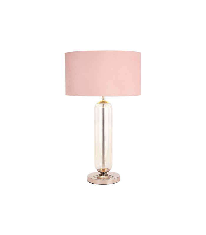 Clarkson Tubular Table Lamp 1 Light E27 Polished Nickel/Clear Glass/Blush Pink/Prosecco 40cm Velvet Shade-1