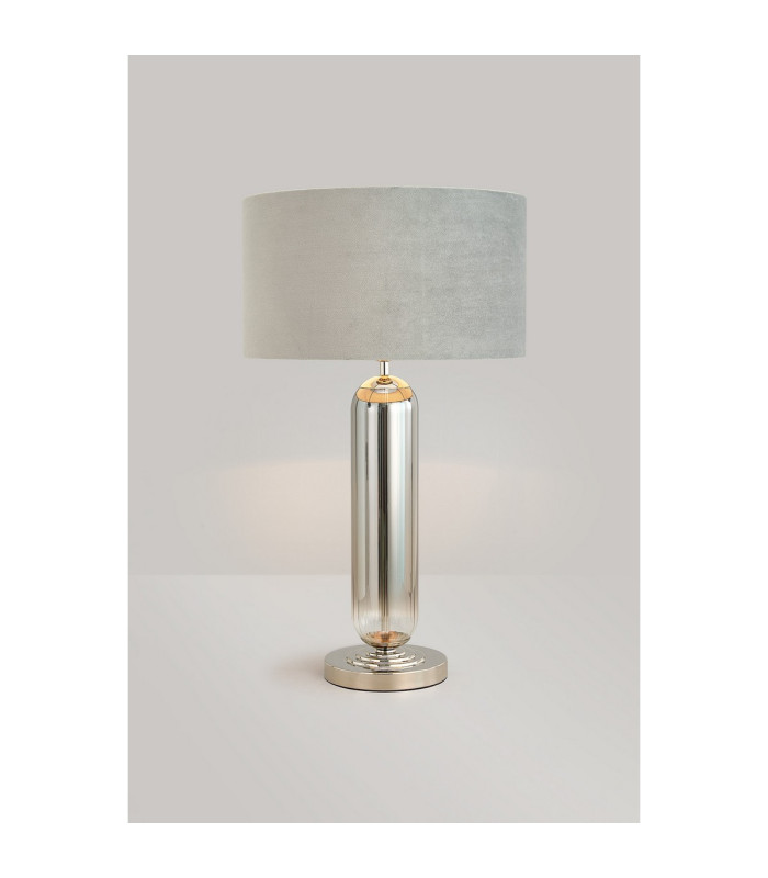 Clarkson Tubular Table Lamp 1 Light E27 Polished Nickel/Smoke Fade Glass/Light Grey 40cm Velvet Shade-3