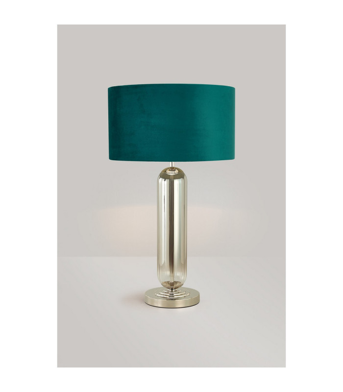Clarkson Tubular Table Lamp 1 Light E27 Polished Nickel/Smoke Fade Glass/Teal 40cm Velvet Shade-3