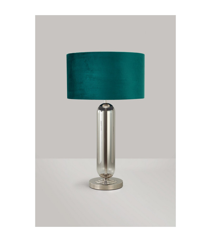 Clarkson Tubular Table Lamp 1 Light E27 Polished Nickel/Smoke Fade Glass/Teal 40cm Velvet Shade-7