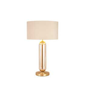 Clarkson Tubular Table Lamp 1 Light E27 Satin Gold/Cognac Glass/Ivory/Champagne 40cm Velvet Shade-1