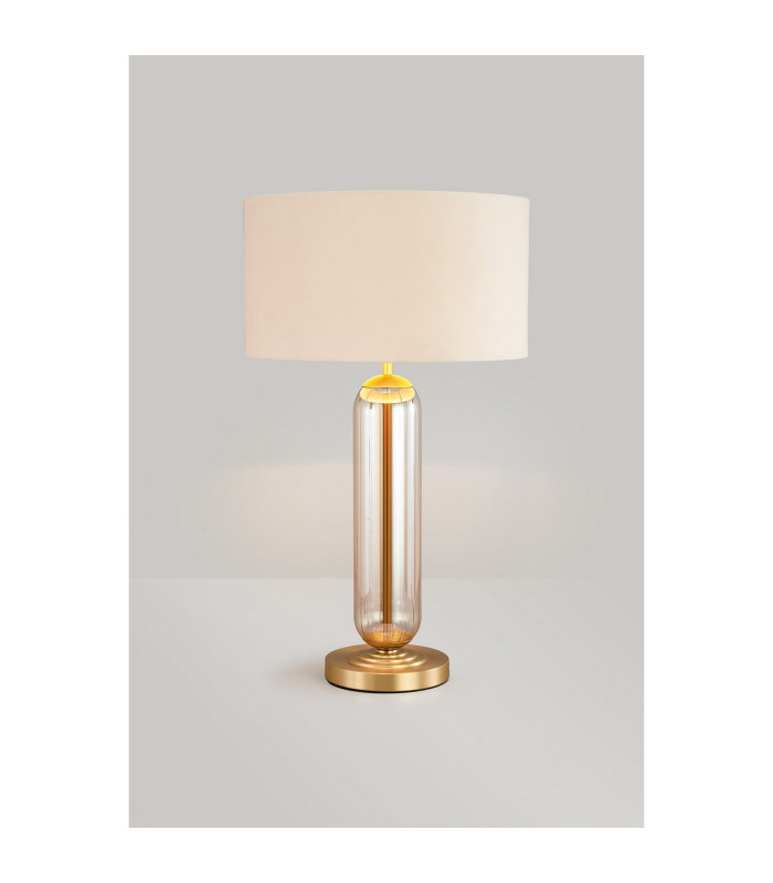 Clarkson Tubular Table Lamp 1 Light E27 Satin Gold/Cognac Glass/Ivory/Champagne 40cm Velvet Shade-3