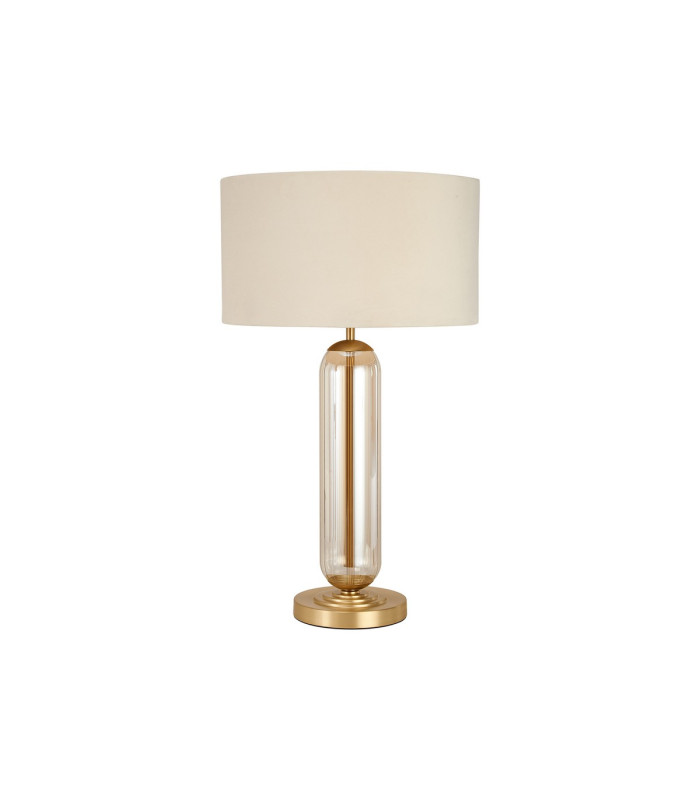 Clarkson Tubular Table Lamp 1 Light E27 Satin Gold/Cognac Glass/Ivory/Champagne 40cm Velvet Shade-4