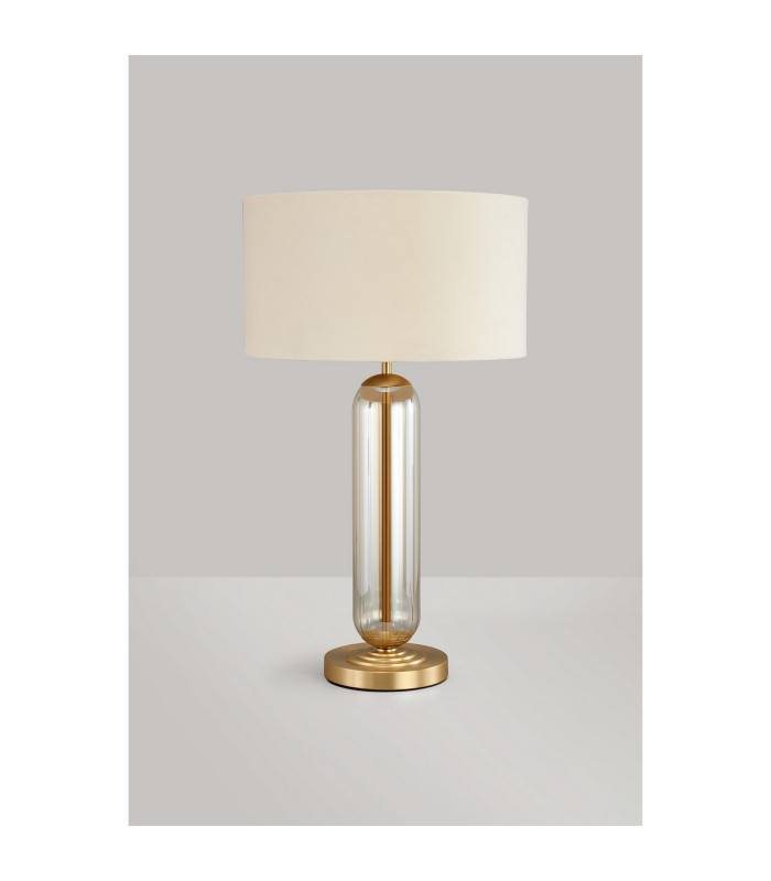 Clarkson Tubular Table Lamp 1 Light E27 Satin Gold/Cognac Glass/Ivory/Champagne 40cm Velvet Shade-7