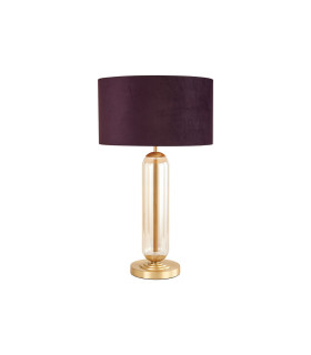 Clarkson Tubular Table Lamp 1 Light E27 Satin Gold/Cognac Glass/Aubergine 40cm Velvet Shade-1