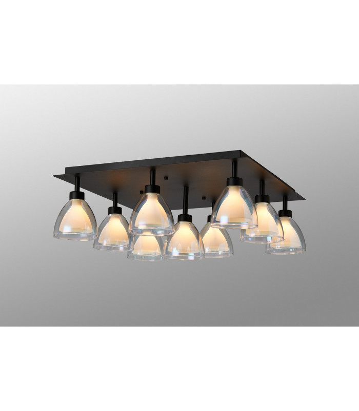 Baldwin Square Flush Curved Cone Glass (U) 9 Light G9 Satin Black/Iridescent/Opal-3