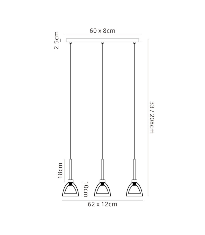 Baldwin Linear Pendant 2m Curved Cone Glass (U) 3 Light G9 Satin Black/Iridescent/Opal-2