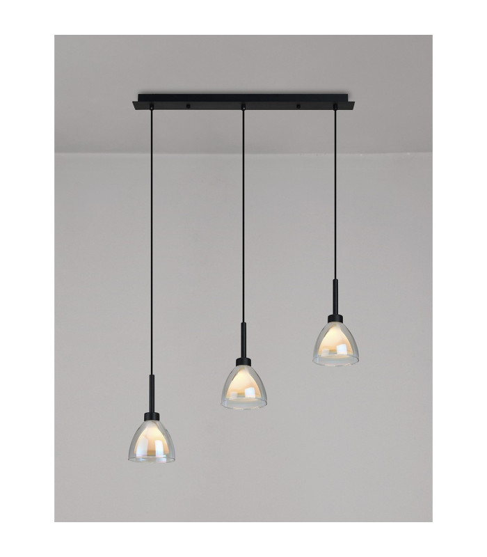 Baldwin Linear Pendant 2m Curved Cone Glass (U) 3 Light G9 Satin Black/Iridescent/Opal-3