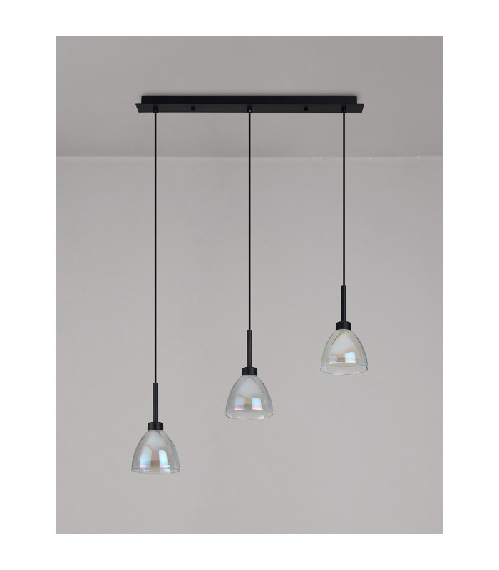 Baldwin Linear Pendant 2m Curved Cone Glass (U) 3 Light G9 Satin Black/Iridescent/Opal-10