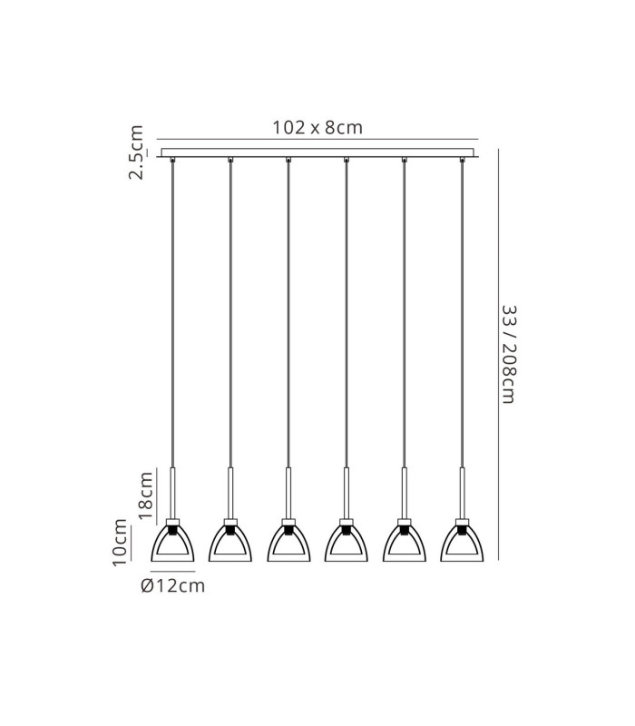 Baldwin Linear Pendant 2m Curved Cone Glass (U) 6 Light G9 Satin Black/Iridescent/Opal-2