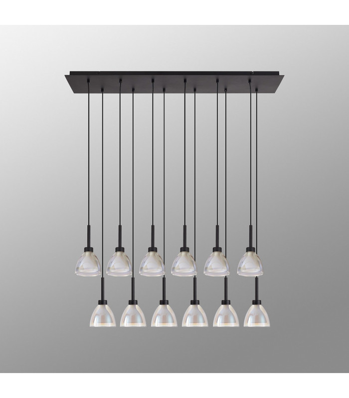 Baldwin Linear Pendant 2m Curved Cone Glass (U) 12 Light G9 Satin Black/Iridescent/Opal-10