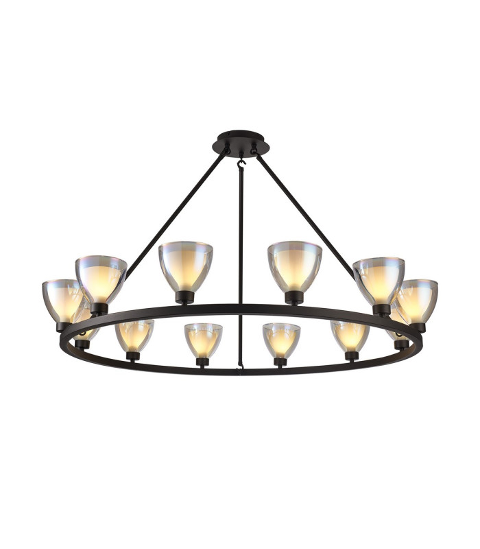 Baldwin Round Fixed Pendant Curved Cone Glass (U) 12 Light G9 Satin Black/Iridescent/Opal-1
