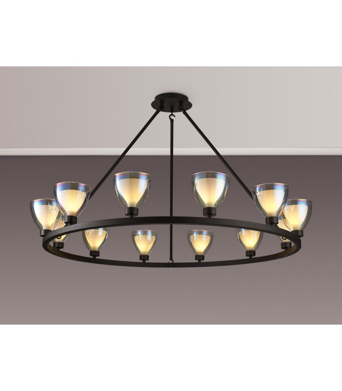 Baldwin Round Fixed Pendant Curved Cone Glass (U) 12 Light G9 Satin Black/Iridescent/Opal-3