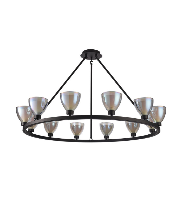 Baldwin Round Fixed Pendant Curved Cone Glass (U) 12 Light G9 Satin Black/Iridescent/Opal-4