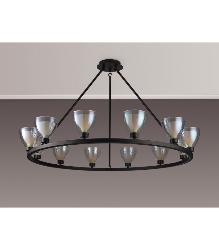 Baldwin Round Fixed Pendant Curved Cone Glass (U) 12 Light G9 Satin Black/Iridescent/Opal-11
