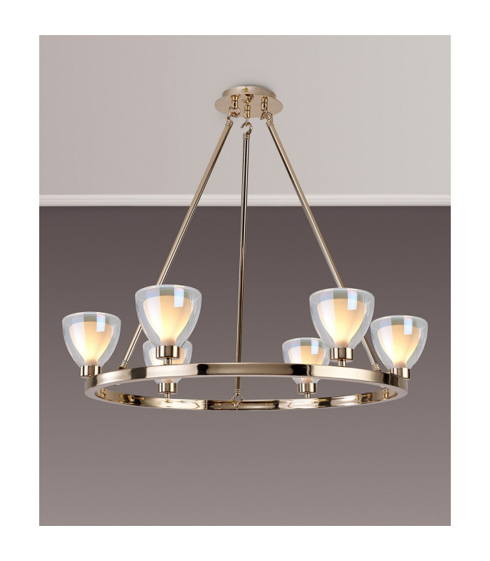 Baldwin Round Fixed Pendant Curved Cone Glass (U) 6 Light G9 French Gold/Iridescent/Opal-3