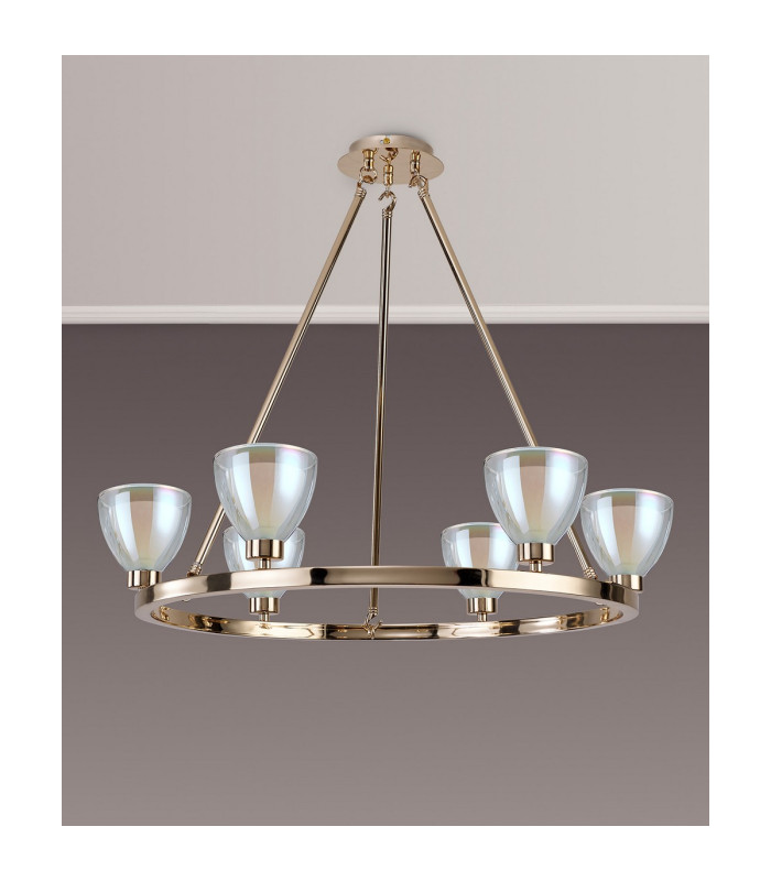 Baldwin Round Fixed Pendant Curved Cone Glass (U) 6 Light G9 French Gold/Iridescent/Opal-10