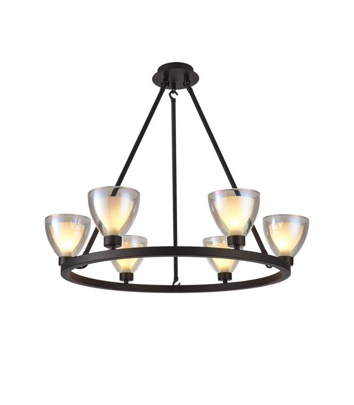 Baldwin Round Fixed Pendant Curved Cone Glass (U) 6 Light G9 Satin Black/Iridescent/Opal-1