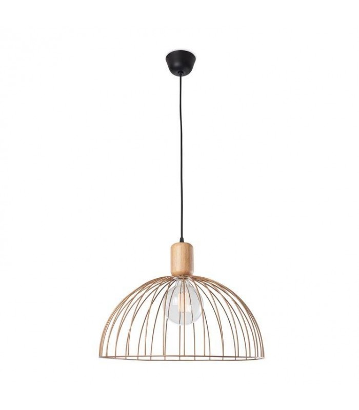 Cage Ceiling Pendant Matt Black Light Wood 1x E27 48.7cm - 1