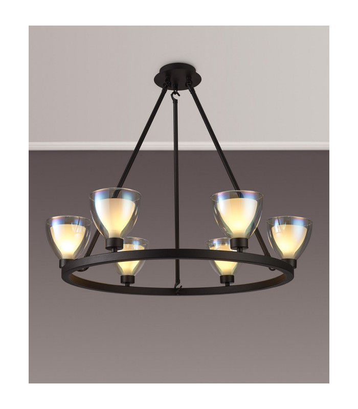 Baldwin Round Fixed Pendant Curved Cone Glass (U) 6 Light G9 Satin Black/Iridescent/Opal-3