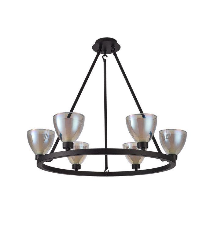 Baldwin Round Fixed Pendant Curved Cone Glass (U) 6 Light G9 Satin Black/Iridescent/Opal-5