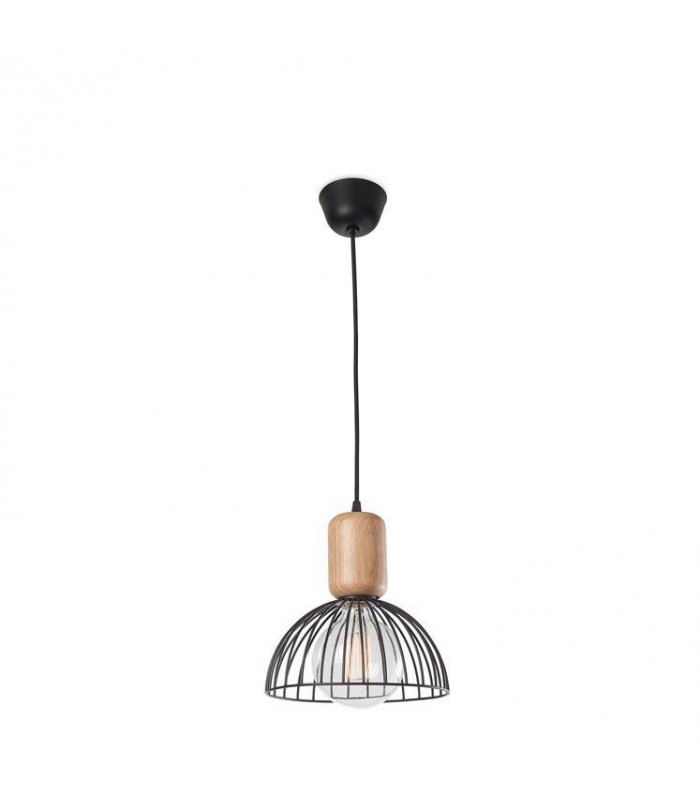 Cage Ceiling Pendant Matt Black Light Wood 1x E27 24.7cm - 1