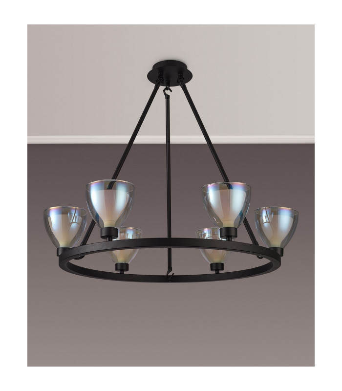 Baldwin Round Fixed Pendant Curved Cone Glass (U) 6 Light G9 Satin Black/Iridescent/Opal-12