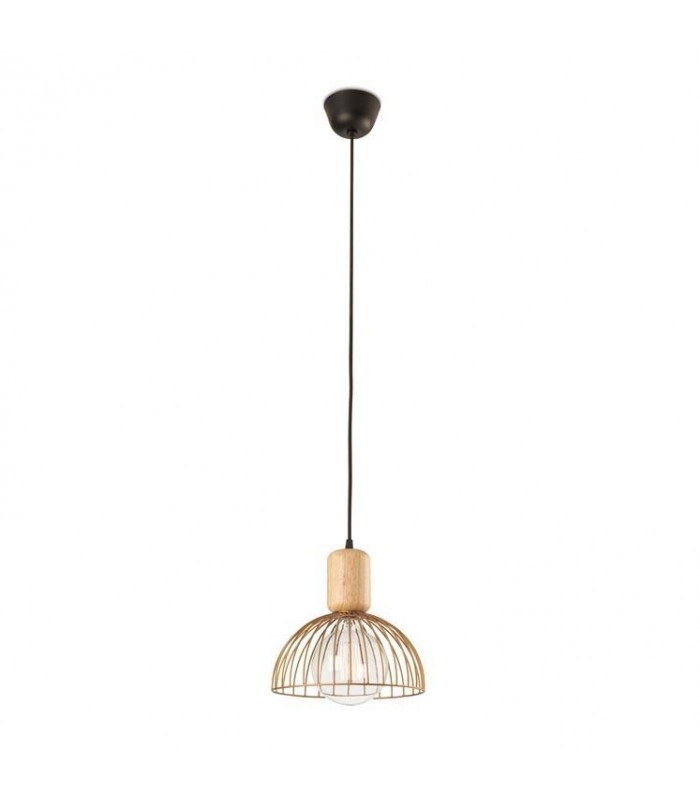 Cage Ceiling Pendant Matt Black Light Wood 1x E27 24.7cm - 1