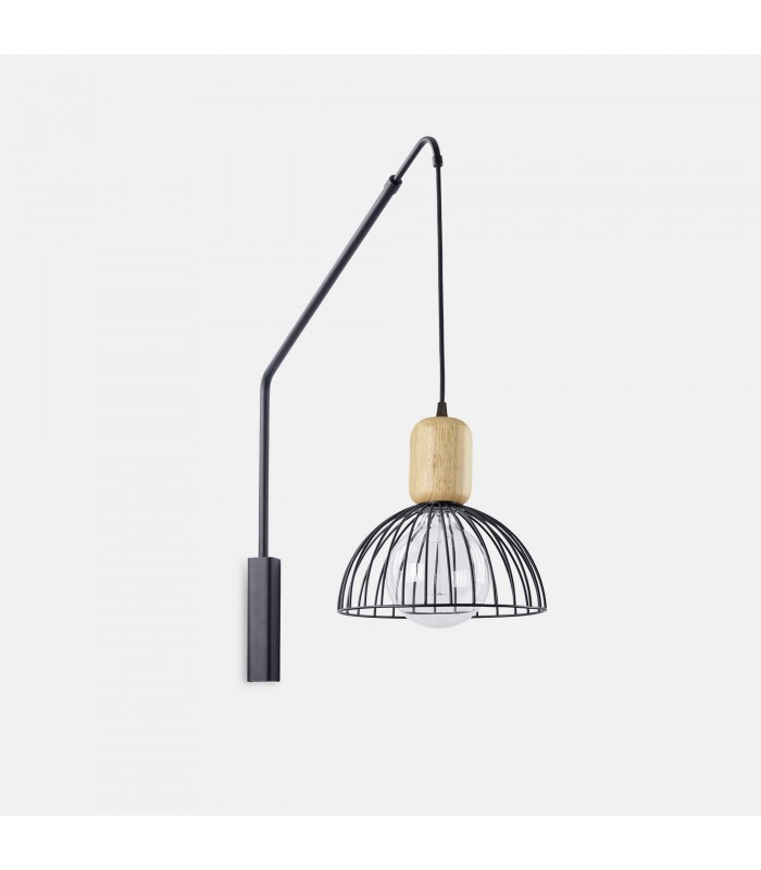 Cage Wall Light Contrast Matt Black Light Wood 1x E27 24.7cm - 1