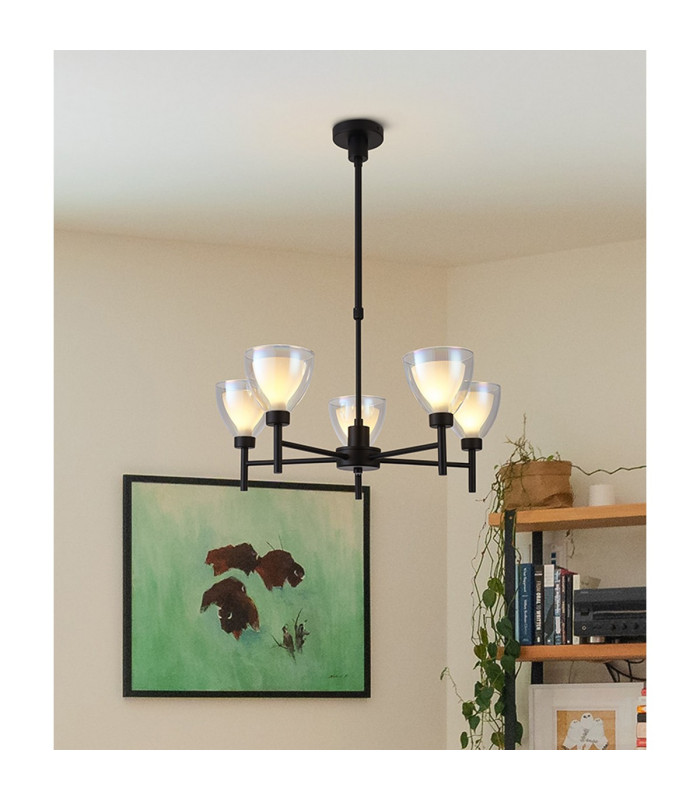 Baldwin 58cm Telescopic Pendant Curved Cone Glass (U) 5 Light G9 Satin Black/Iridescent/Opal-4