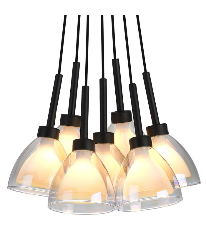 Baldwin 23cm 1.5m Cluster Pendant Curved Cone Glass (U) 7 Light G9 Satin Black/Iridescent/Opal-7
