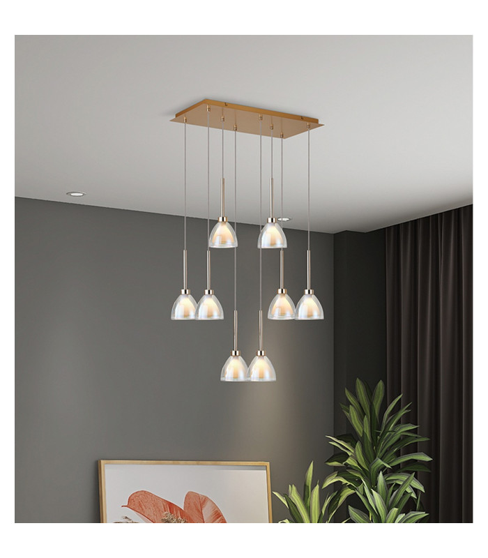 Baldwin Rectangle Multiple Pendant 2m Curved Cone Glass (U) 8 Light G9 French Gold/Iridescent/Opal/Matt Gold-4
