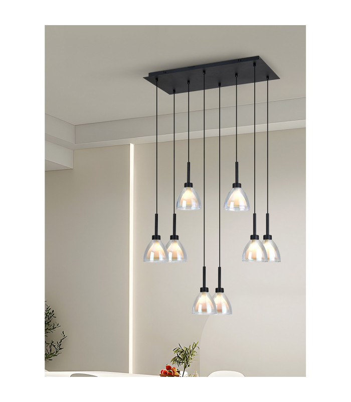 Baldwin Rectangle Multiple Pendant 2m Curved Cone Glass (U) 8 Light G9 Satin Black/Iridescent/Opal-4