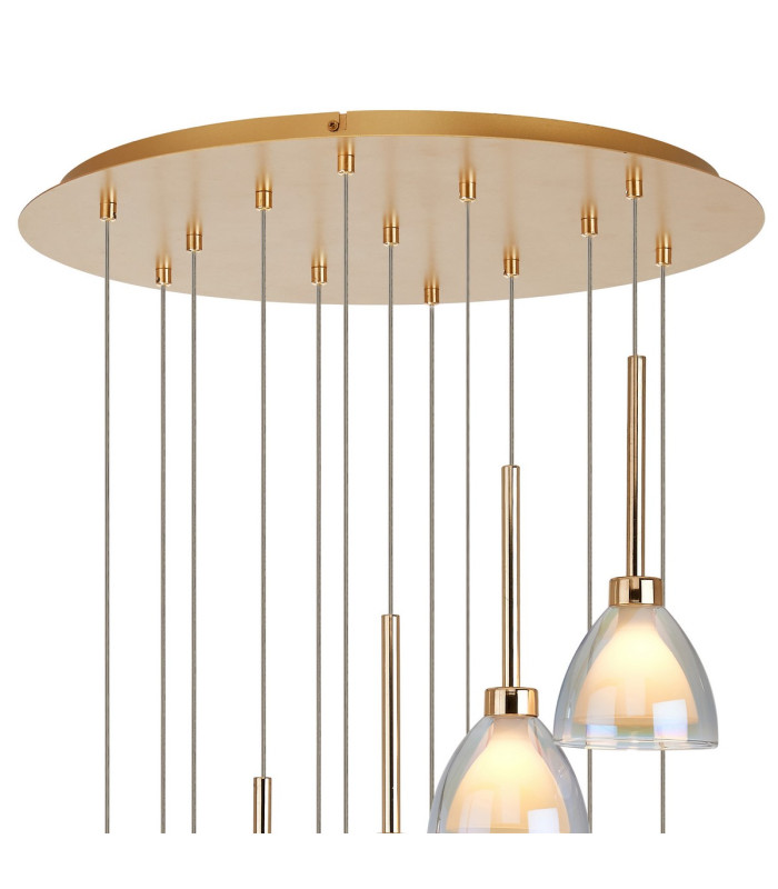Baldwin 57cm Round Multiple Pendant 2.5m Curved Cone Glass (U) 13 Light G9 French Gold/Iridescent/Opal/Matt Gold-7