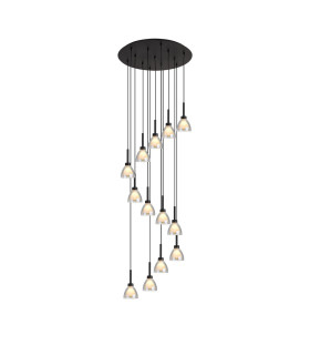 Baldwin 57cm Round Multiple Pendant 2.5m Curved Cone Glass (U) 13 Light G9 Satin Black/Iridescent/Opal-1