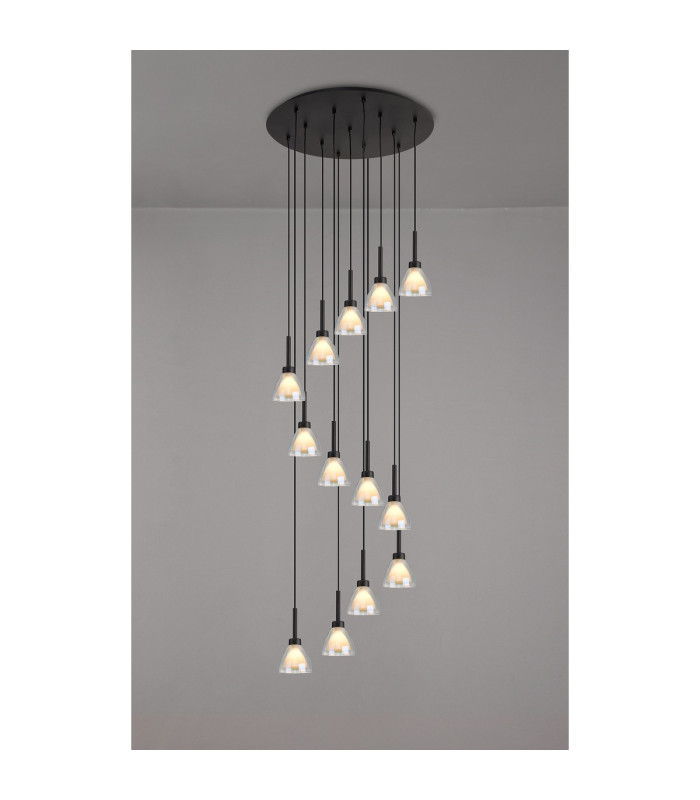 Baldwin 57cm Round Multiple Pendant 2.5m Curved Cone Glass (U) 13 Light G9 Satin Black/Iridescent/Opal-3