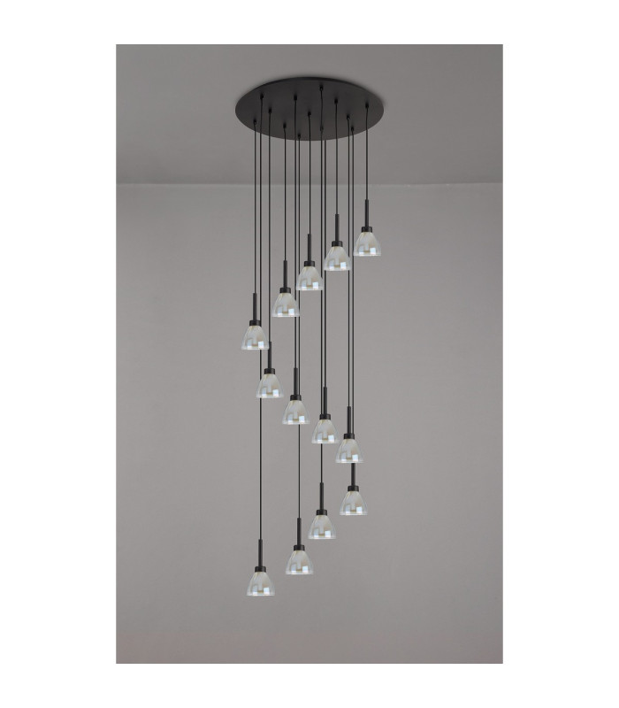 Baldwin 57cm Round Multiple Pendant 2.5m Curved Cone Glass (U) 13 Light G9 Satin Black/Iridescent/Opal-12