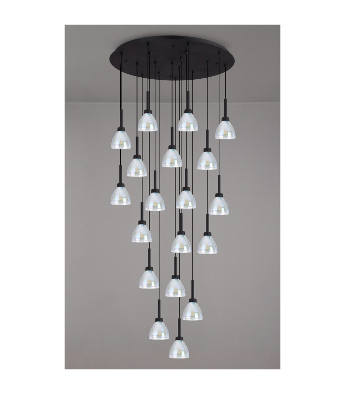 Baldwin 77cm Round Multiple Pendant 3.5m Curved Cone Glass (U) 19 Light G9 Satin Black/Iridescent/Opal-14