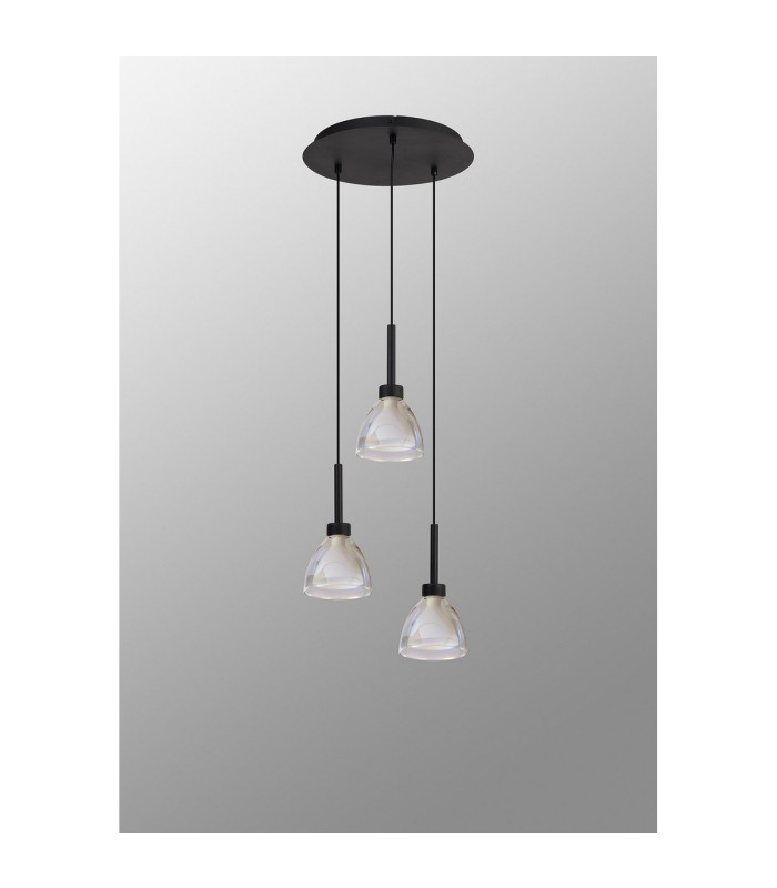 Baldwin 32cm Round Pendant 2m Curved Cone Glass (U) 3 Light G9 Satin Black/Iridescent/Opal-13