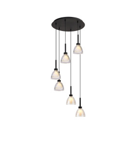Baldwin 42cm Round Multiple Pendant 2.5m Curved Cone Glass (U) 6 Light G9 Satin Black/Iridescent/Opal-1
